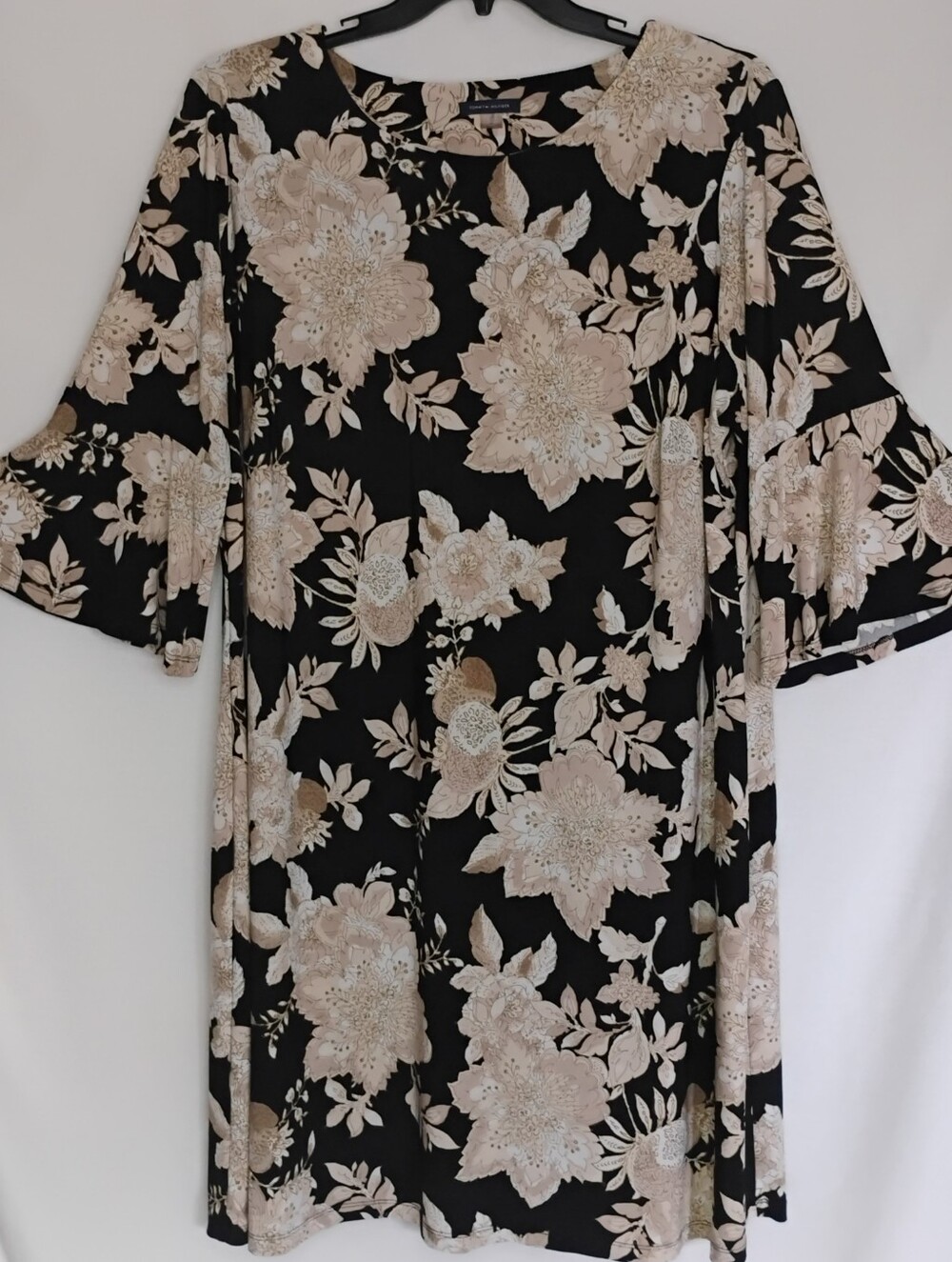 Tommy Hilfiger Size 20W Black Tan Beige Floral Flowy Midi Shift Dress 3/4 Sleeve